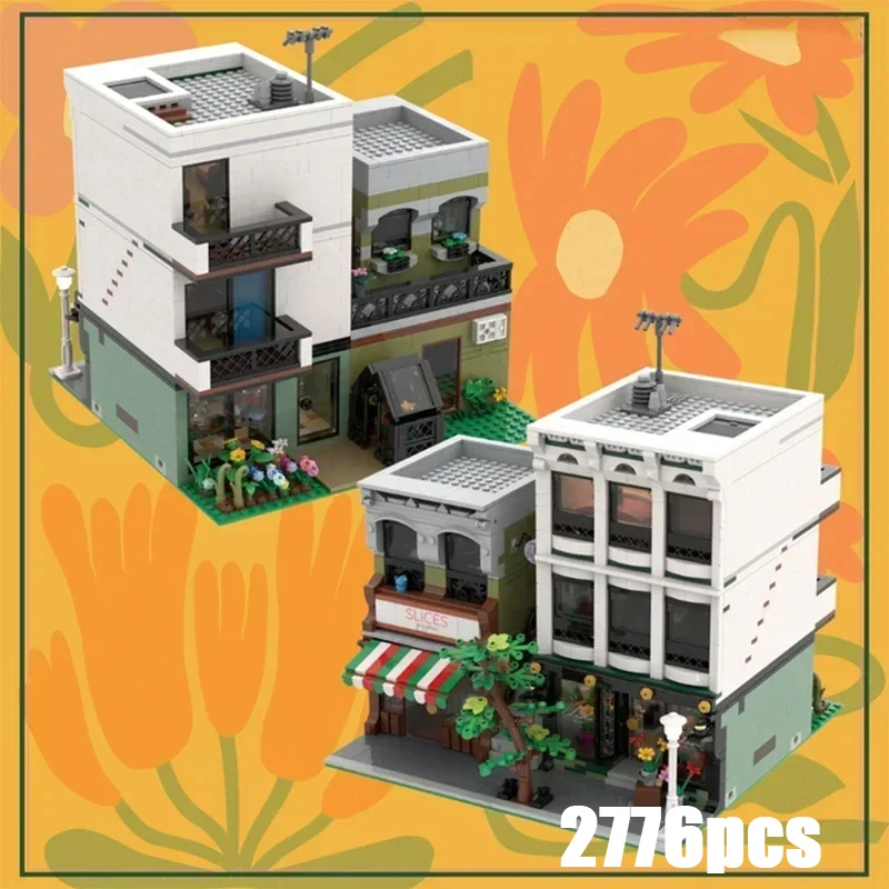 

Moc Building Block Модульная пиццерия и цветочный магазин Модель Технология Кирпич DIY Сборка Городской вид на улицу Игрушка Праздничный подарок