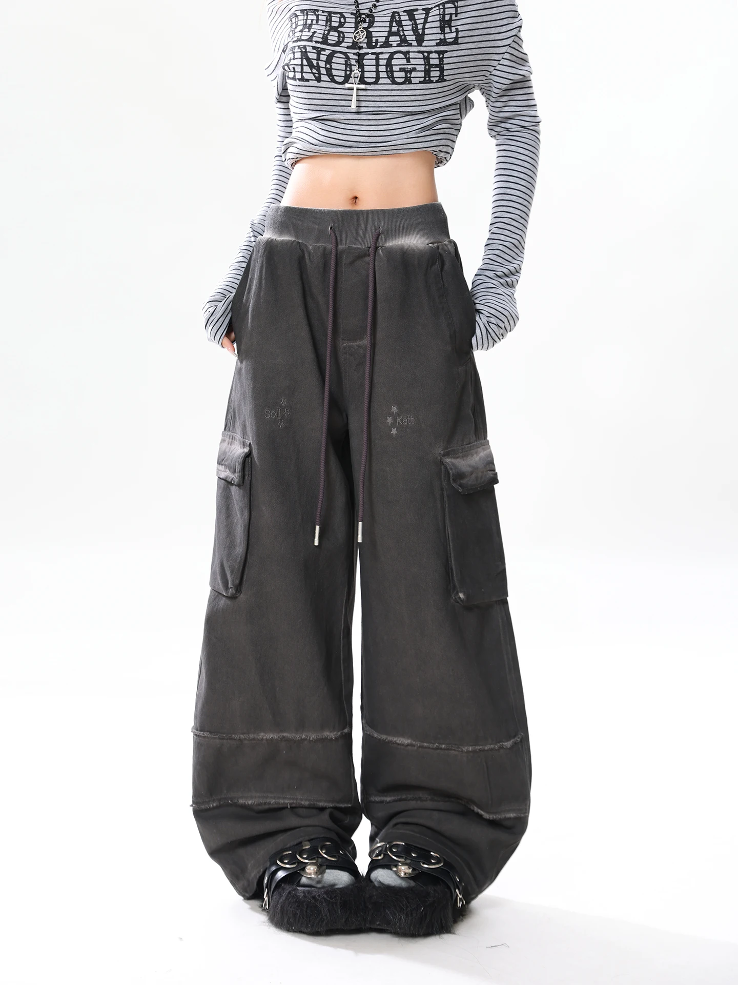 

Женские повседневные брюки AONW American Design с эффектом потертости, прямые, свободного кроя, с драпировкой, длинные