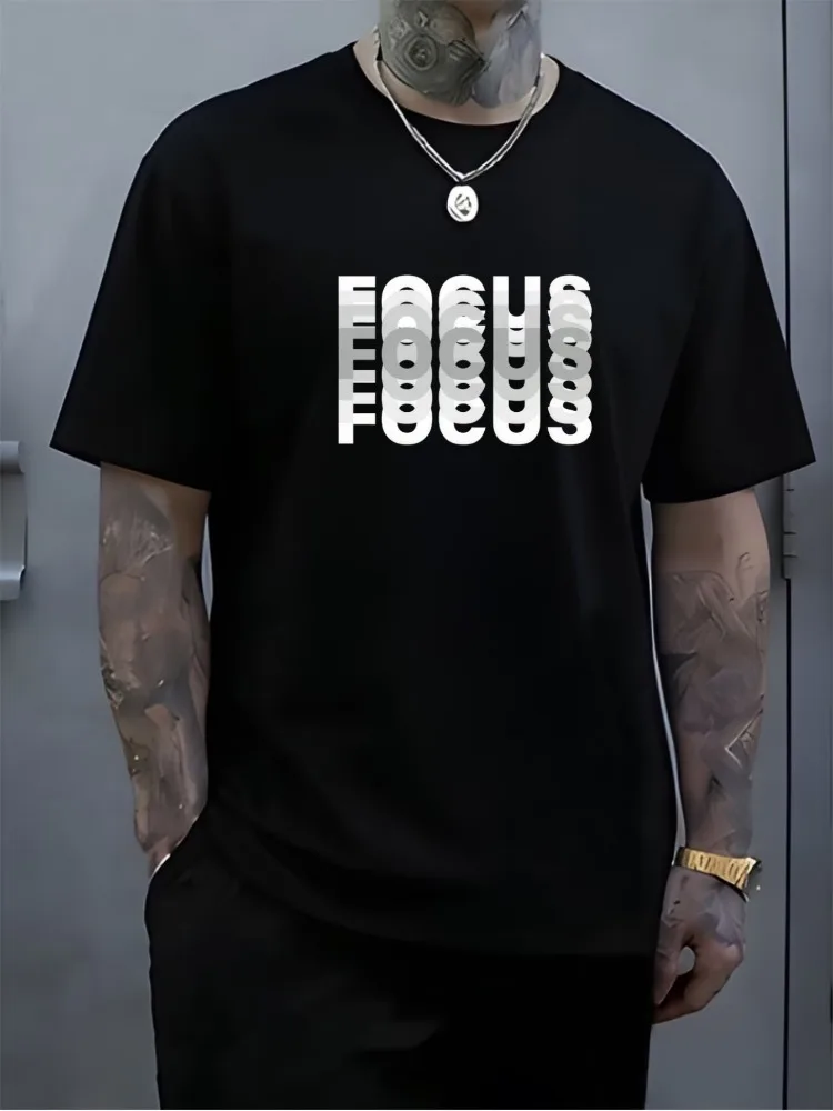 Mens Summer Crew Neck T Shirt Multi Layer FOCUS Letter Print Loose Oversized Short Sleeve Streetwear Casual White Top For Men