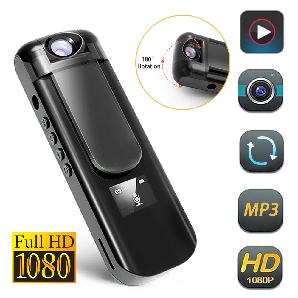 Mini Body Camera 1080P HD Video Camcorder 180° Rotating Night Vision Digital Pen Voice Recorder MP3 Player Bodycam