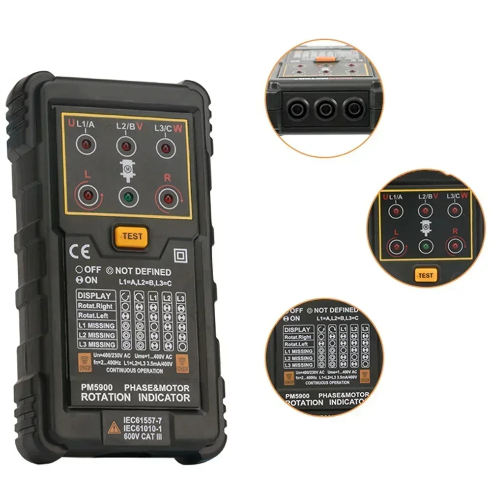 

Индикатор последовательности вращения фаз двигателя Бесконтактное обнаружение Визуальные радиоуправляемые индикаторы PM5900 Трехфазный индикатор вращения