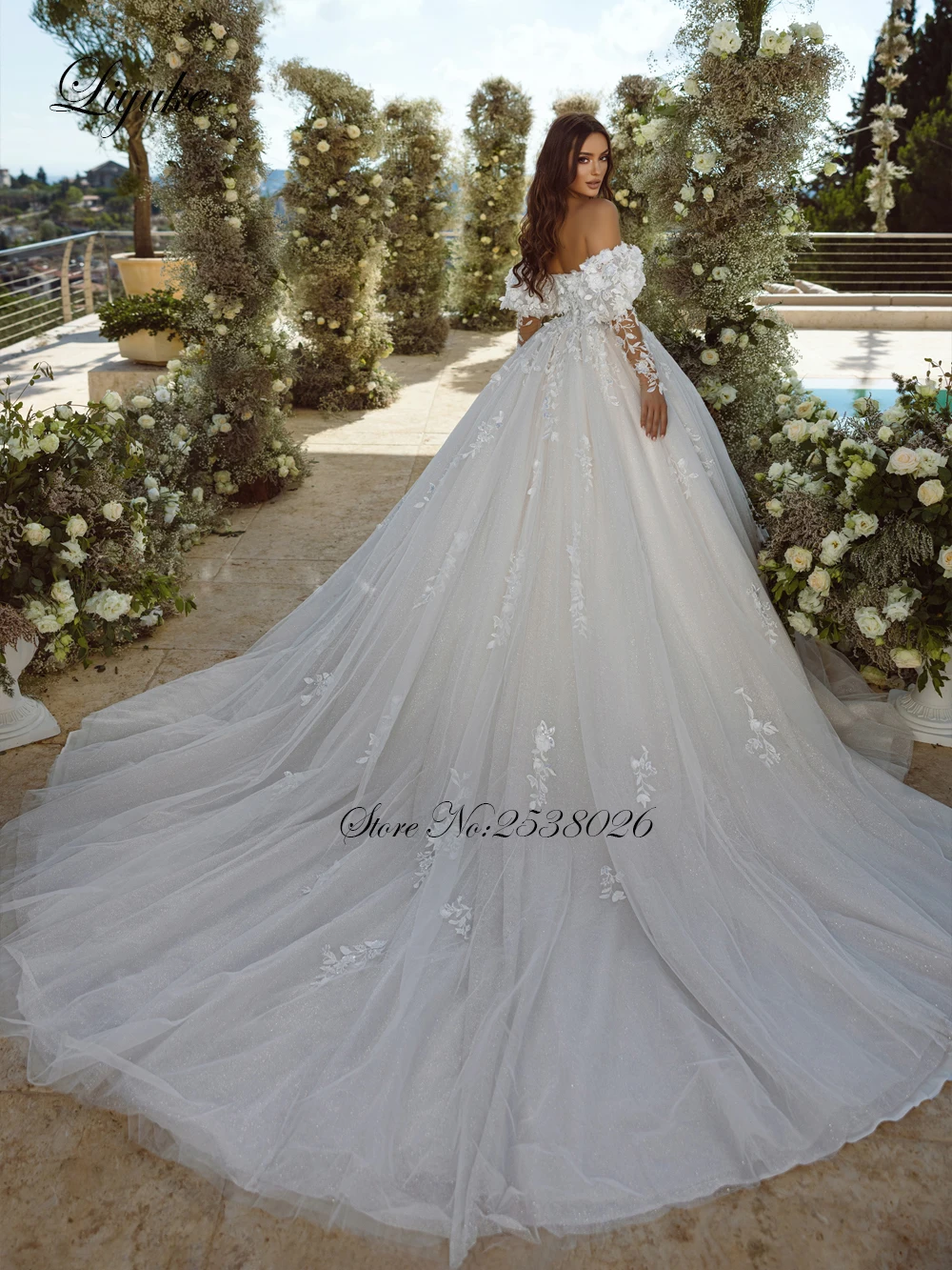 Liyuke Bling Lace Ball Gown Wedding Dresses Of Stunning Beading 3D Appliques Lace Bridal Skirts With Removable Sleeves