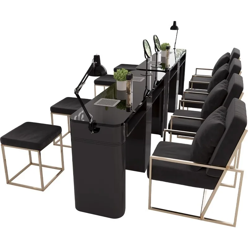 Ensemble table et chaise de manucure en verre trempé avec aspirateur, table de manucure de luxe simple et légère, table de manucure en or noir