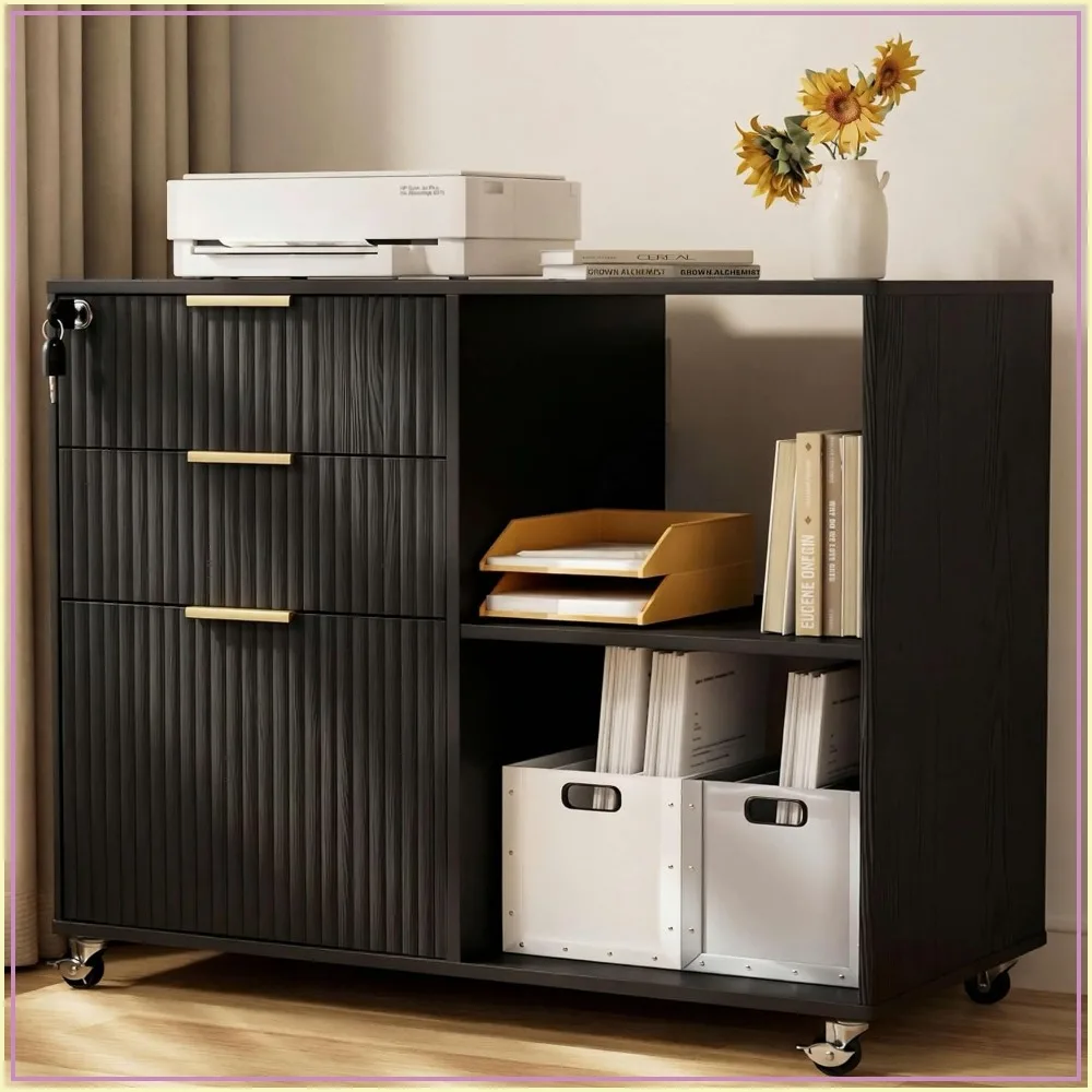 3 Drawer Fluted Mobile Filing Cabinet with Lock Rolling Under Desk Wooden Printer Stand Black