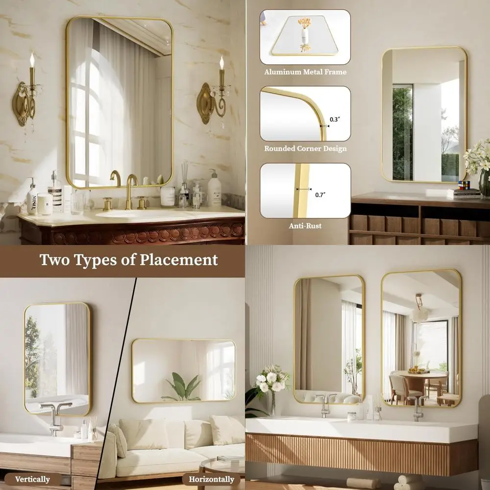 

Золотое настенное прямоугольное зеркало для ванной комнаты, 24 x 36 дюймов с закругленными углами и рамой из алюминиевого сплава, качество премиум-класса