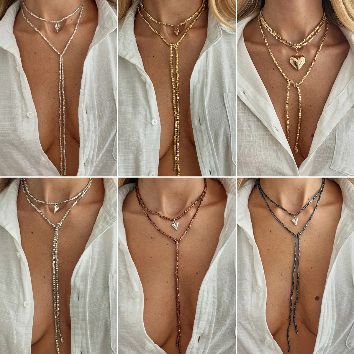 Necklace Y Shape Heart Pendant Long Tassel Beaded Irregular Drape Lightweight Chic Minimalist Daily Party Jewelry for Her