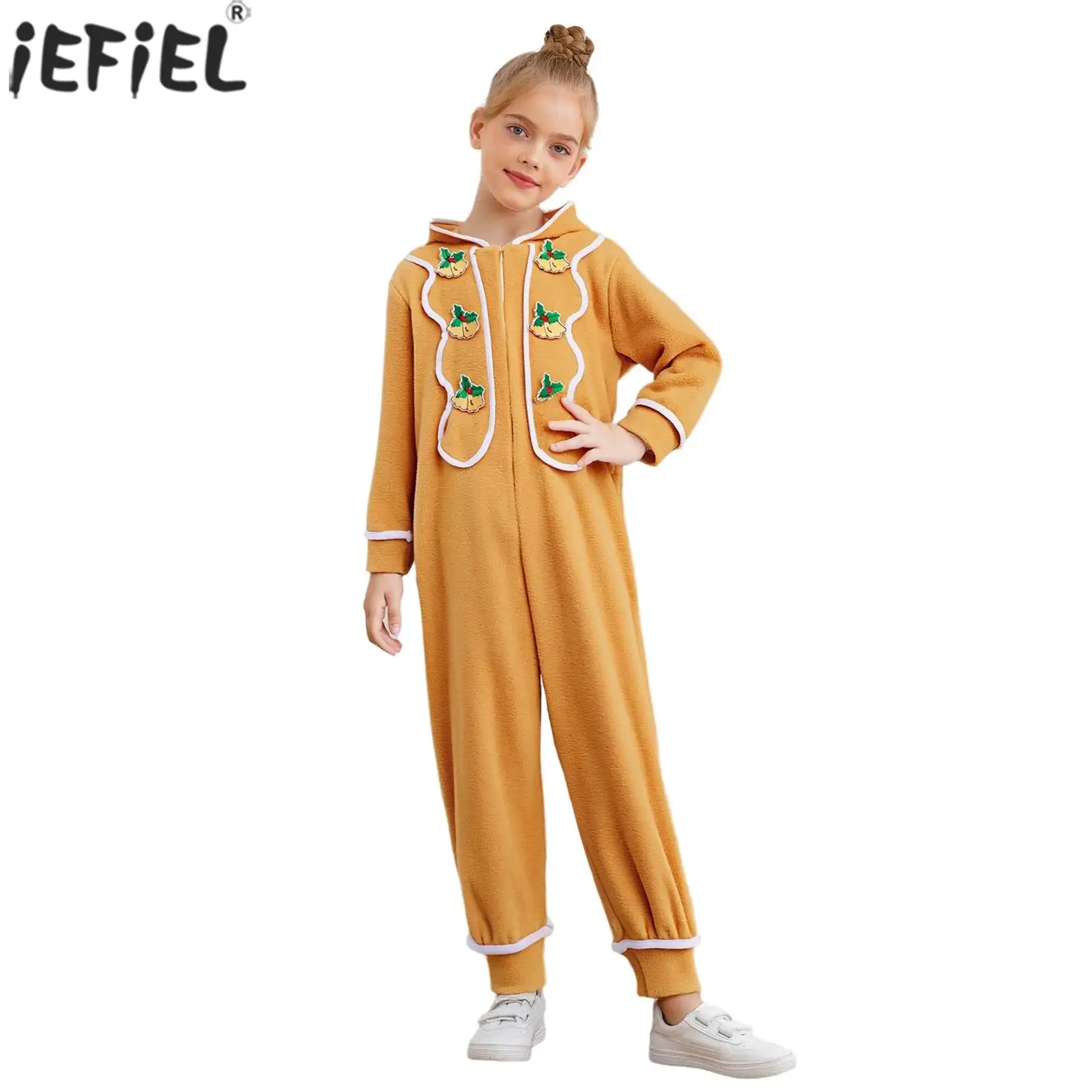 

Kids Christmas Gingerbread Man Costume Long Sleeve Cute Embroider Hoodie Jumpsuit Winter Warm Homewear Holiday Party Bodysuit