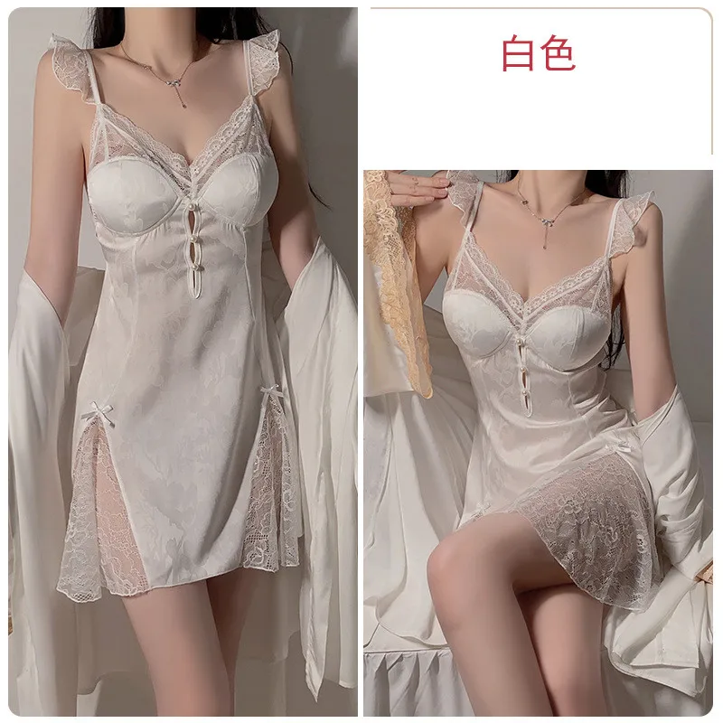 Summer Two Piece Rayon Robe Suit Women Nightgown Sleepwear Kimono Gown Set Femme Lace Nightwear Bathrobe image 5