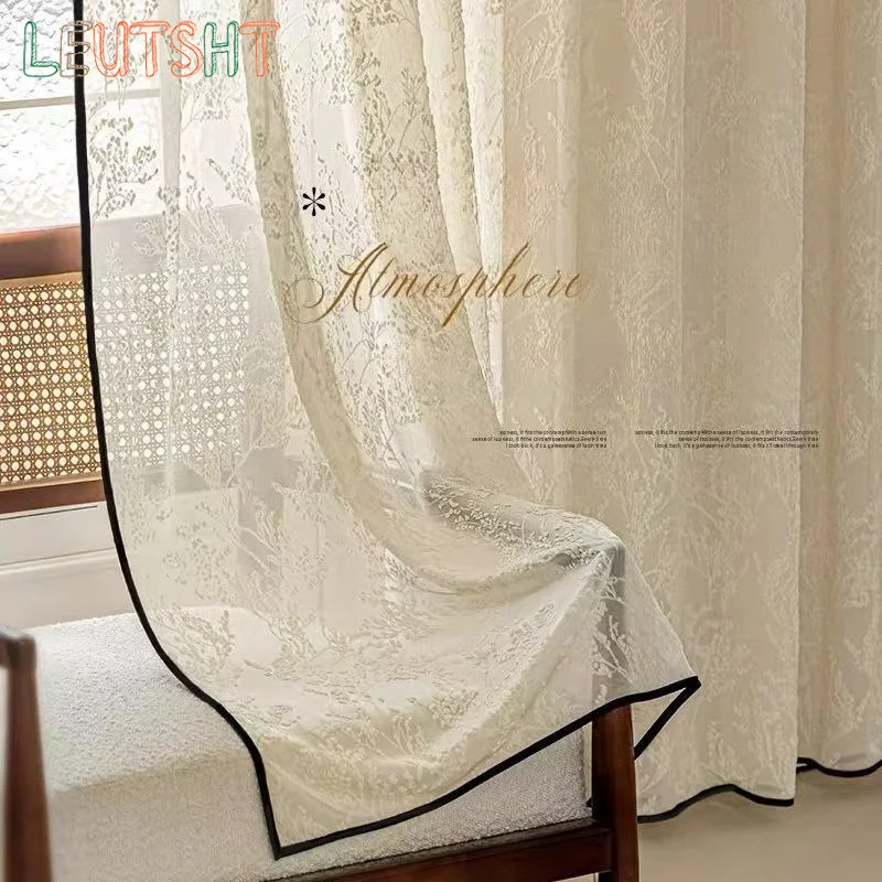 Luxury French Style Black Edge Three-dimensional Relief Texture Balcony Sunshade Curtains for Living Dining Room Bedroom Elegant