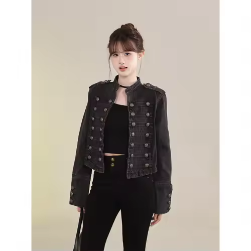 Women's Clothing Short Coat New Jeans Jacket Retro Button Design Slim Stand-up Collar Long Sleeves Denim Top Jacket Short Coat - Image 3