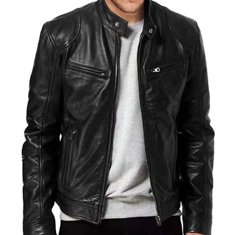 Men's Leather Jacket Stand Collar Trend, Spring and Autumn New Leather Jacket Handsome Motorcycle Suit Oversized Jacket