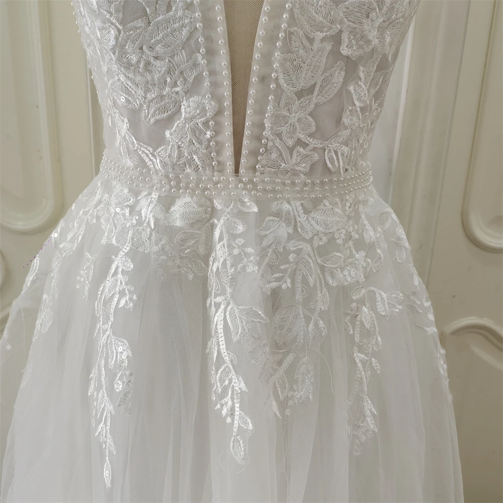 ZJ6053  Lace Appliques Pearls Tulle Wedding Dresses V-Neck Sleeveless Floor-Length Ruffled Bridal Dress Long Wedding Gowns