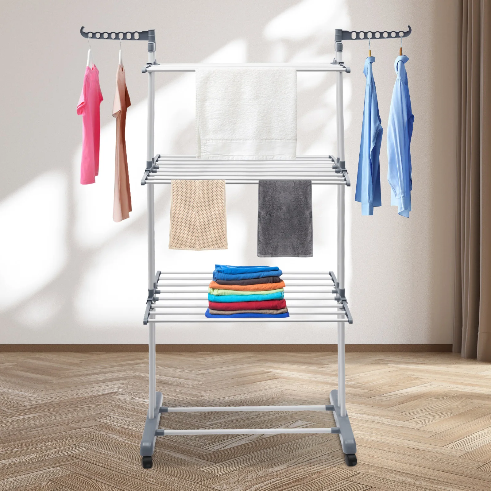 Modern 4 Tiers Metal Clothes Drying Rack Rectangular Folding Rolling Dryer Hanger Free Stand Laundry Organizer Gray/Blue