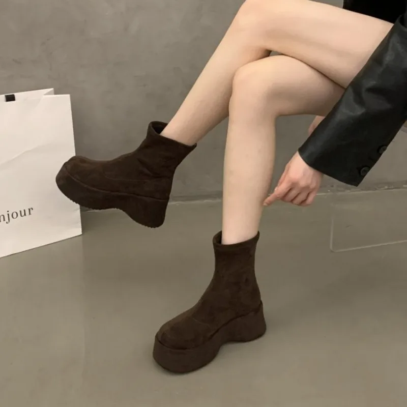 Chunky Platform Thick Sole Woman's Mordern Boots Black Round Toe Slip on Shoes for Women Autumn Winter Fashion Botas Mujer