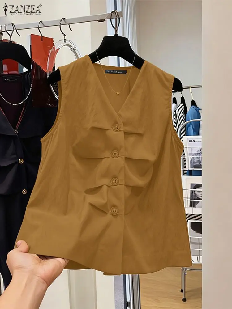 

ZANZEA, женские повседневные рубашки без рукавов, лето 202, плиссированные однотонные жилеты с v-образным вырезом на пуговицах, топы, уличная одежда для поездок на работу, 3XL