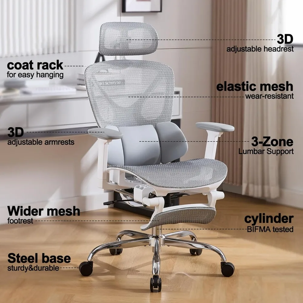 

High Back Mesh Office Chair with Footrest，Ergonomic Office Chair with 3D Lumbar Support，Comfy Home Office Desk Chair(Gray)