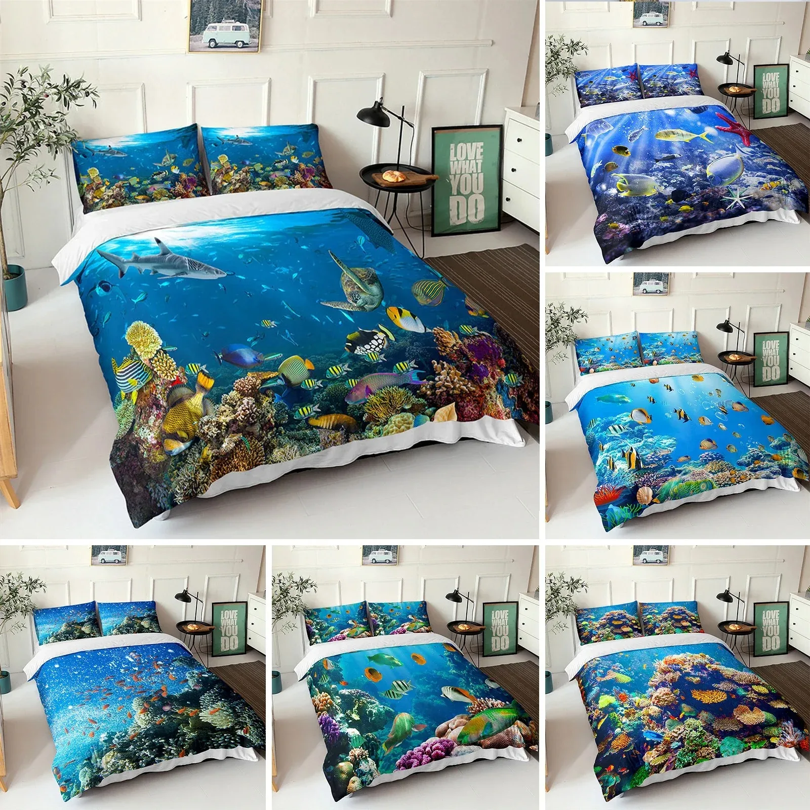 

Ocean Duvet Cover Set Blue Sea Fish 3D Printed Kids Bedding Set Queen King Nordic Ocean Landscape Soft Polyester Comforter Cover