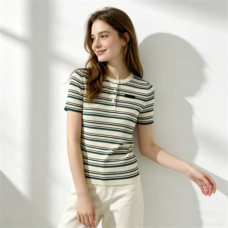 Women's Summer Round Neck Slim Fit Striped Knit Shirt, Short-Sleeve Slimming Top, Green Striped T-Shirt, Short-Sleeve Women's Clothing