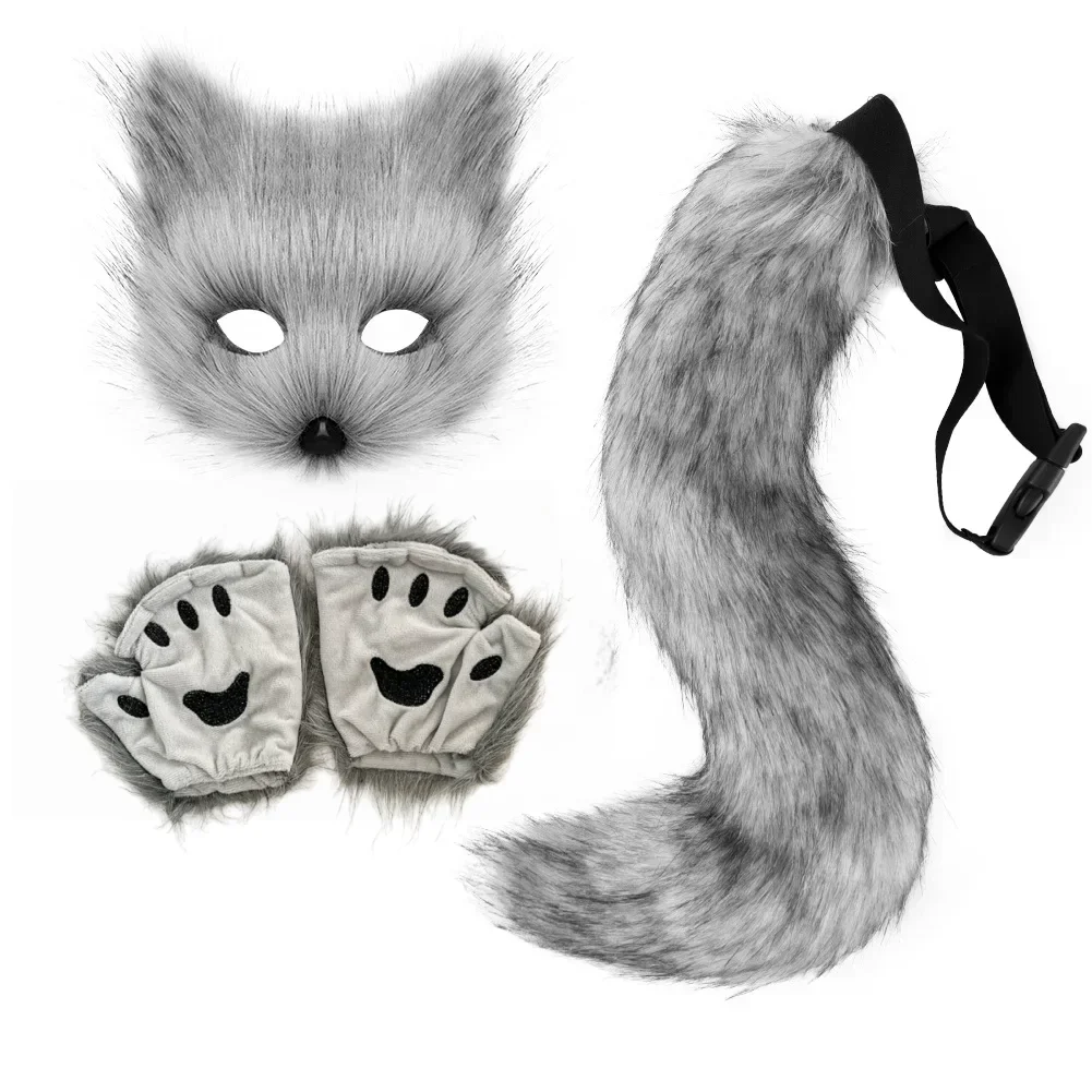Set Costume Cosplay Volpe in Pelliccia Sintetica per Adulti, Coda Soffice, Cerchietto con Orecchie, Guanti a Zampa, Copriscarpe, Kit per Spettacoli di Halloween