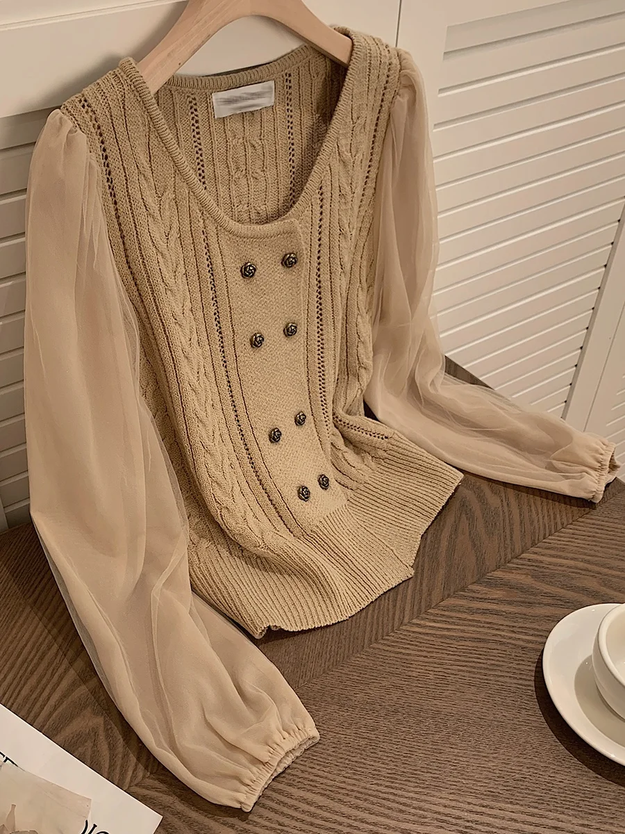 

Вязаный кардиган цвета хаки для женщин, новая корейская версия, на раннюю осень, с двойными пуговицами и дизайнерскими вставками, свитер-жакет