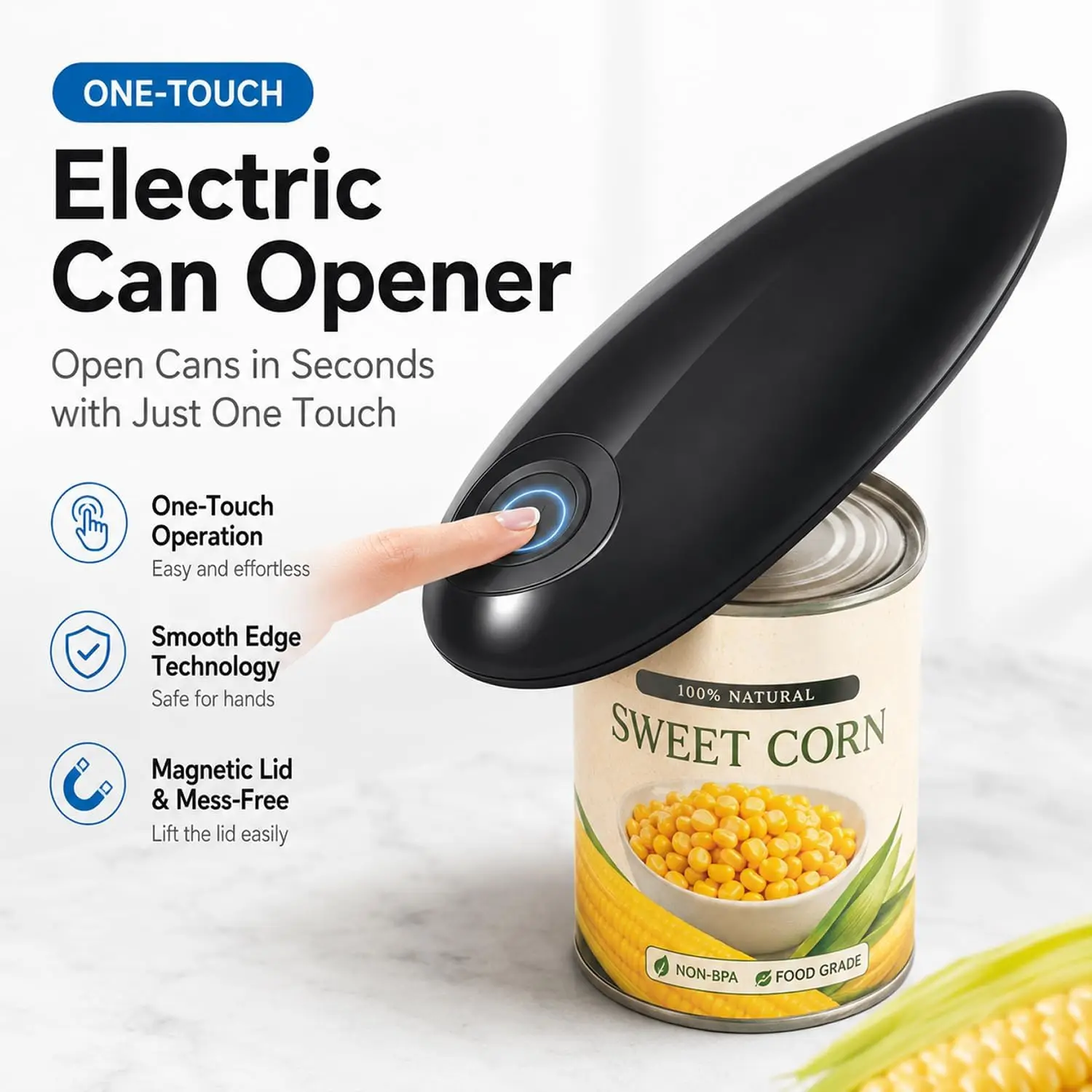 One Touch Automatic Electric Can Opener Battery Operated Handheld Stainless Steel Portable Safety Jar Bottle Opener No Sharp Edges Fit All Cans Kitchen Gadget For Seniors Arthritis Black