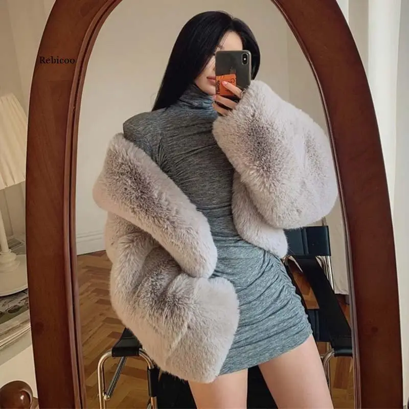 2022 frauen Faux Kaninchen Haar Kurze Pelz Jacke Herbst Winter Hochwertige Furry Gestellte Faux Pelz Mäntel Dame Flauschigen Top oberbekleidung