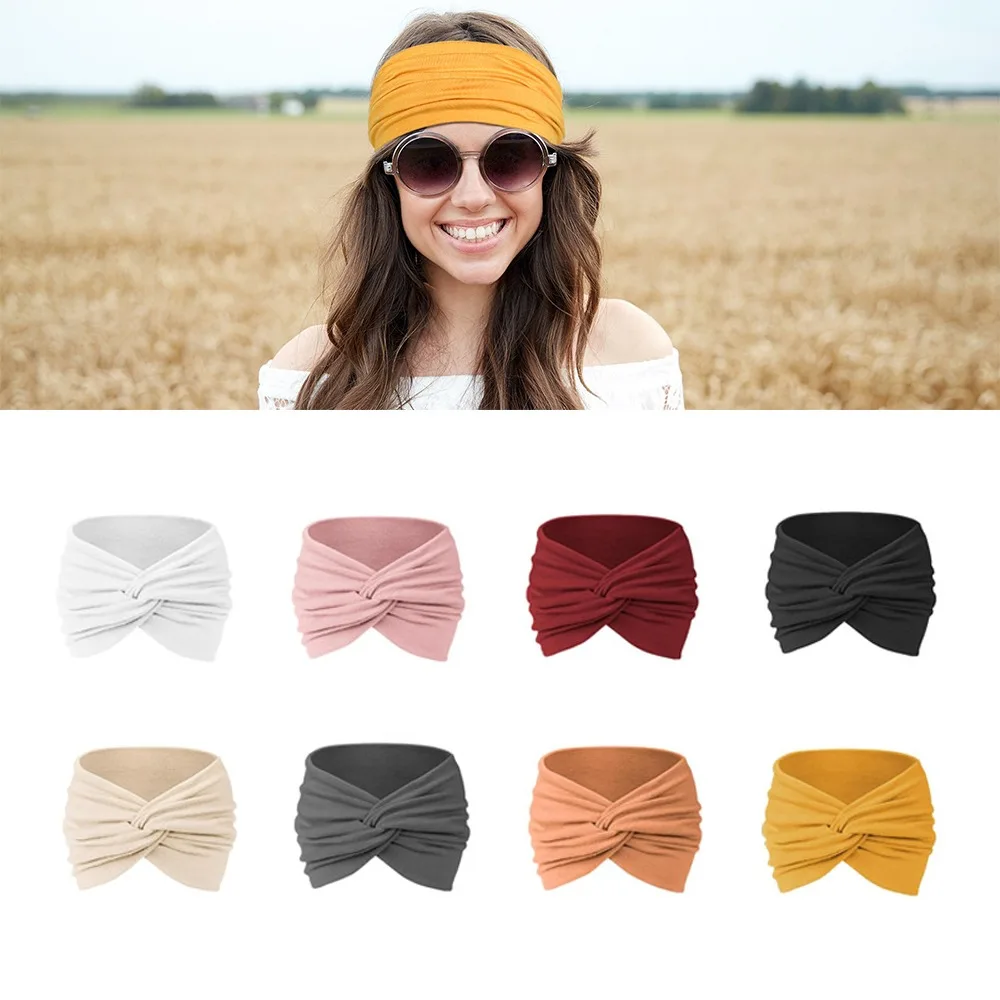 Fashion Bohemian Headband Cotton Stretch Wide Yoga Hair Band Extra Large Elastic Workout Headband for Summer Mask