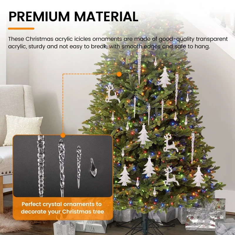 Christmas Tree Clear Acrylic Icicle Ornaments Crystal Icicle Drop Hanging Pendants For Xmas New Year Decor