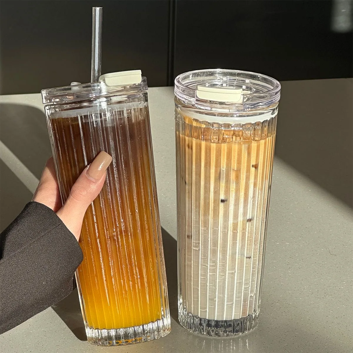 

600Ml Simple Stripe Glass Cup With Lid and Straw Transparent Bubble Tea Cup Juice Glass Beer Can Milk Mocha Cups Breakfast Mug