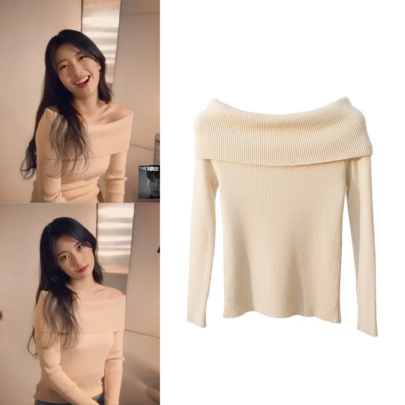 

Slim Fit Long Sleeve Knitted Top with Collar And One Shoulder Design Korean Style Base Layer Thin Sweater by EXJR
