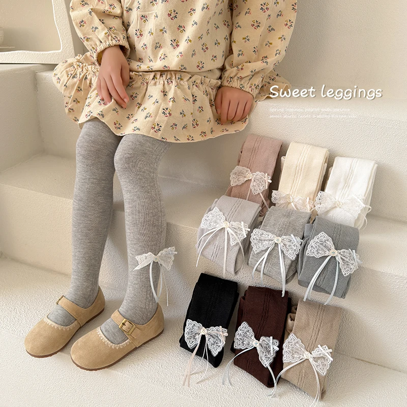 Cute Girls Solid Color Breathable Tights With Long Streamer Ribbon Lace Bow Decor Soft Elastic Pantyhose For Daily Wear Outfits view 4