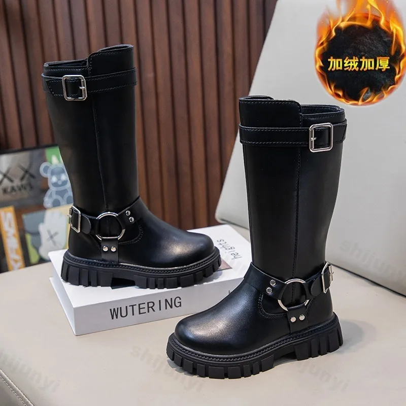 Children's Boots Winter New Warm Plush Girls High Long Boots Zip Round-toe Versatile Non-slip Fashion Kids Causal Cotton Boots