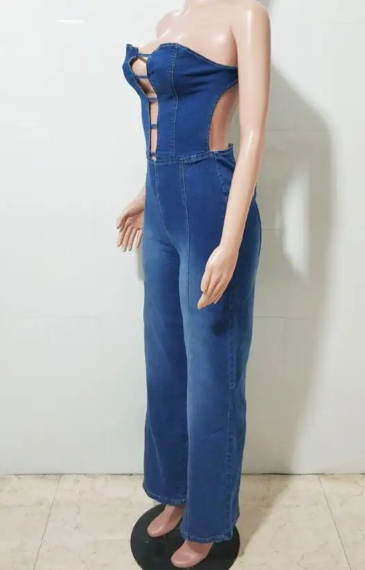

Women's High Street Backless Slim Wide Leg Denim Jumpsuit Female Clothes New Fashion Women Sexy Nightclub Bandeau Long Jumpsuits