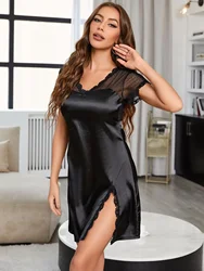 Silk Satin Mesh Dot Women Nightgown Side Split Lace Sleepwear Short Sleeve V Cut Out Back Sexy Homewear Summer Nightwear Cloth