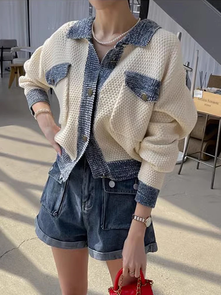 

Chic Autumnal Retro Collared Long Sve Knitted Sweater Jaet for Women with Double kets Color Blo Versatile Korean Sle