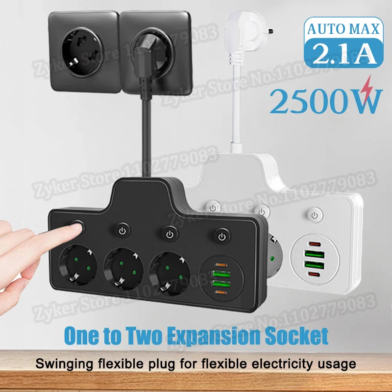 

EU Plug Power Strip with 3 AC Outlets +2 USB Ports+ 2 Type C, 7-in-1 Plug Socket Adapter Wireless Wall Charger for Home Office