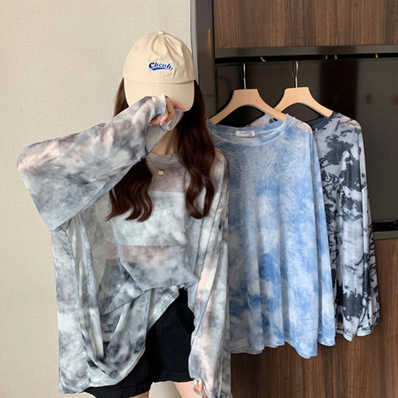 Summer 2024 New Mesh Women\'s Top Loose tie dyed long sleeved t-shirt for women Round neck Women\'s clothing