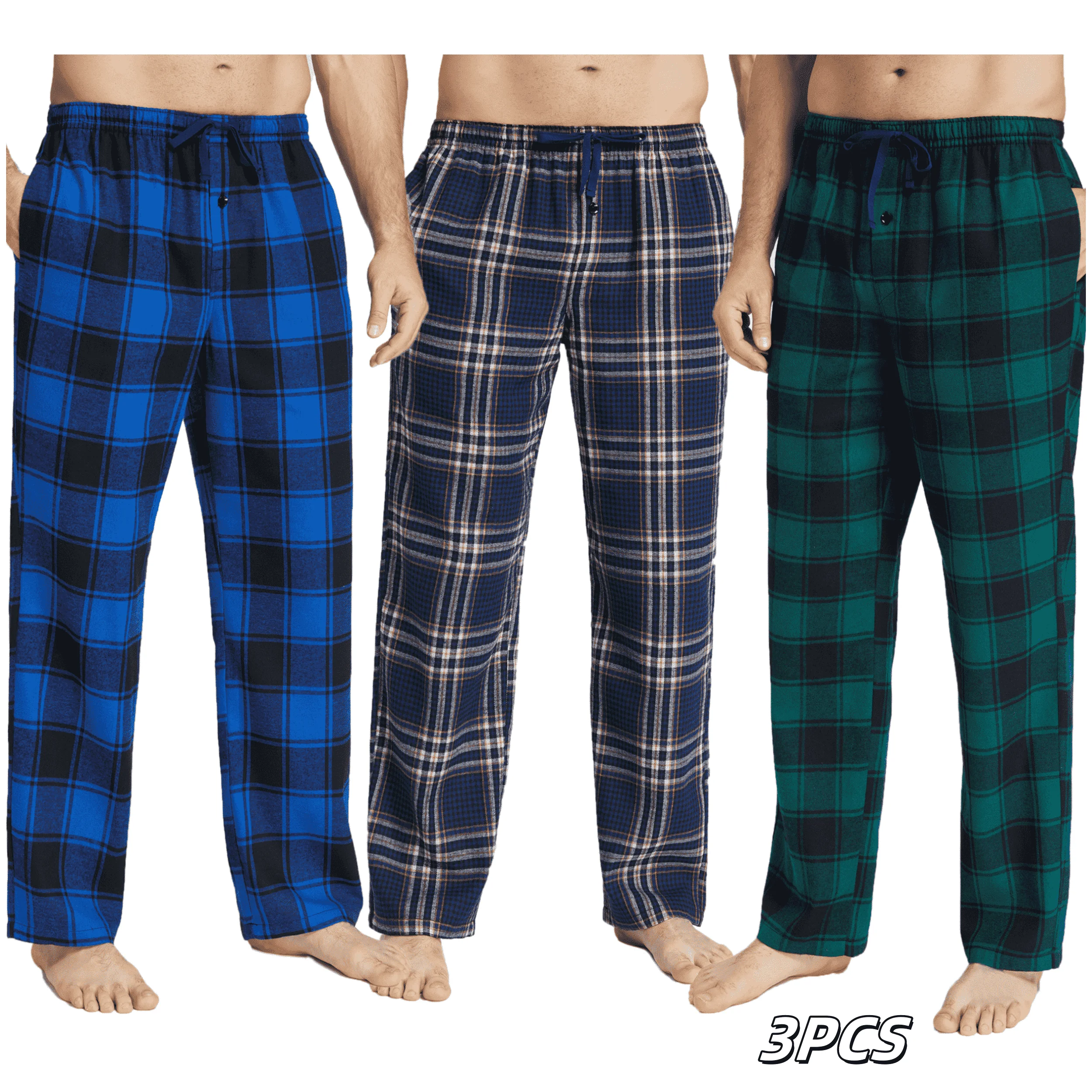 

JupiterSecret 3pcs Mens Pajama Pants Set Flannel Cotton Plaid Sleepwear & Lounge Pants Home PJ Bottoms with Pockets and Button