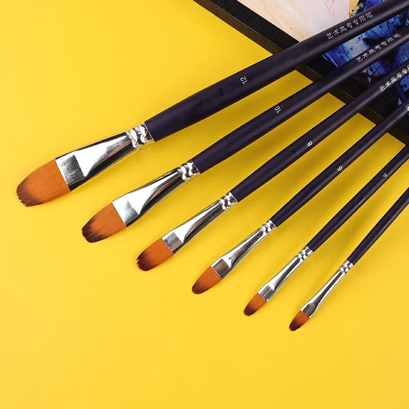 6 Pcs Two-tone Nylon Hair Hazelnut Shape Wood Long Rod Paint Brush Set Watercolor Gouache Oil Acrylic Brush Art Supplies Tool