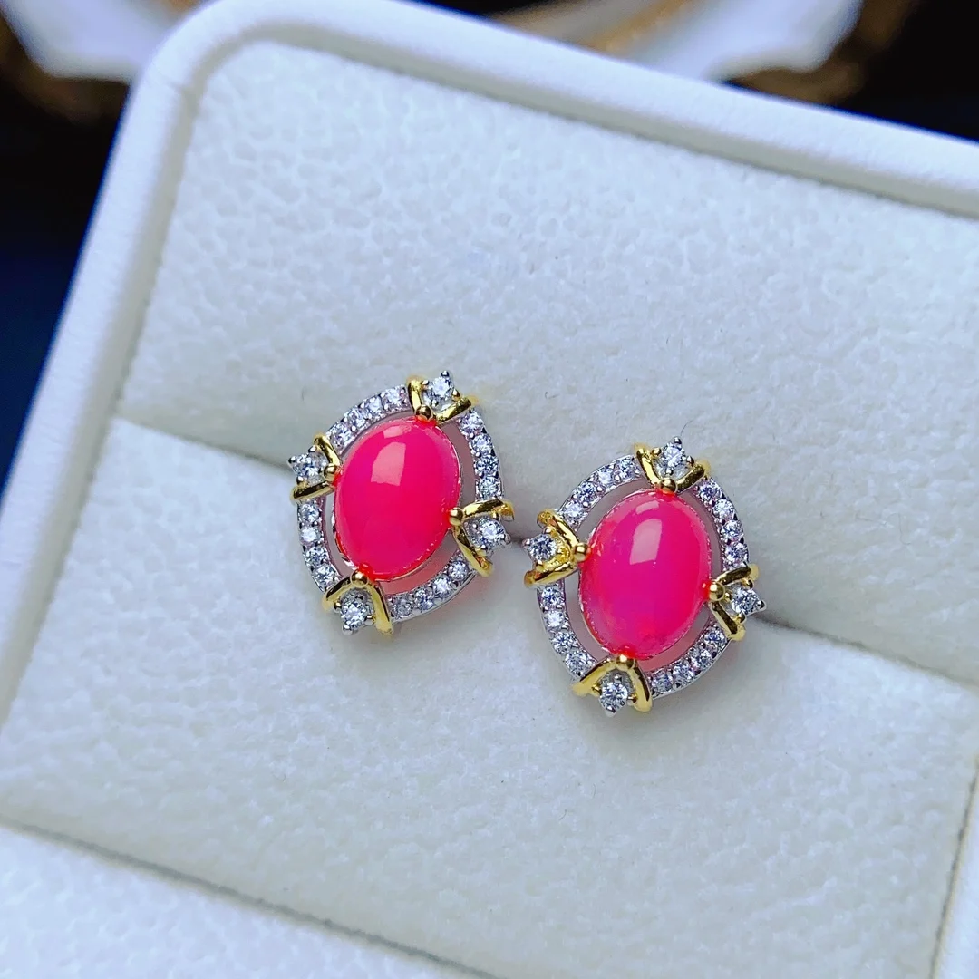 Beautiful Natural Pink Opal Halo Earrings 925 Sterling Silver Stud Earrings Engagement Wedding Jewelry For Women Gift