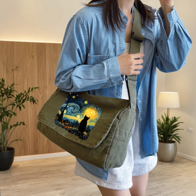 حقيبة كتف نسائية فنية قماش قطة طباعة سعة كبيرة حقيبة ساعي الاستخدام اليومي حقيبة كروسبودي