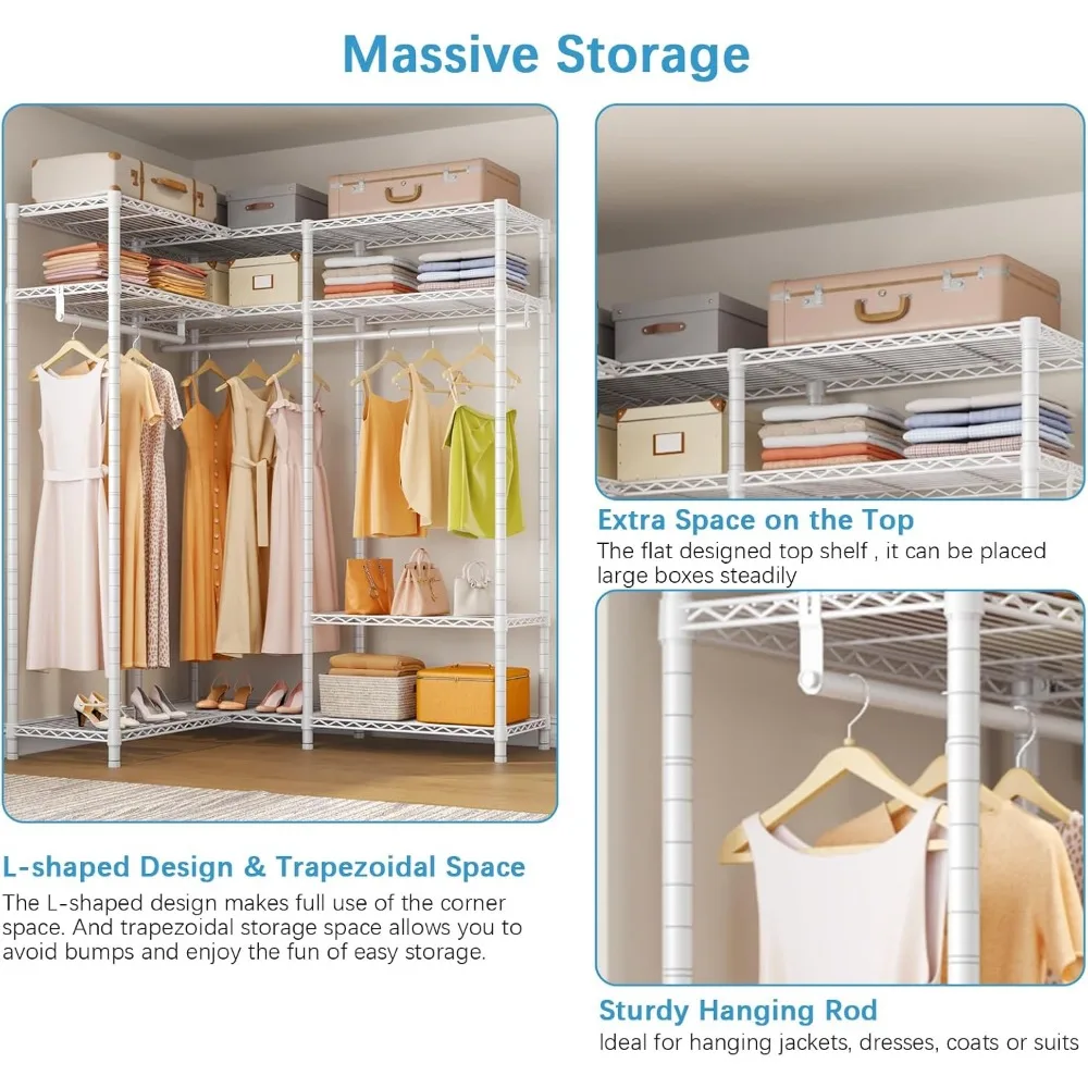 L30 Corner Clothes Rack, L Shaped Heavy Duty Closet System with Adjustable Shelves & Hanging Rods, Freestanding Corner Wardrobe