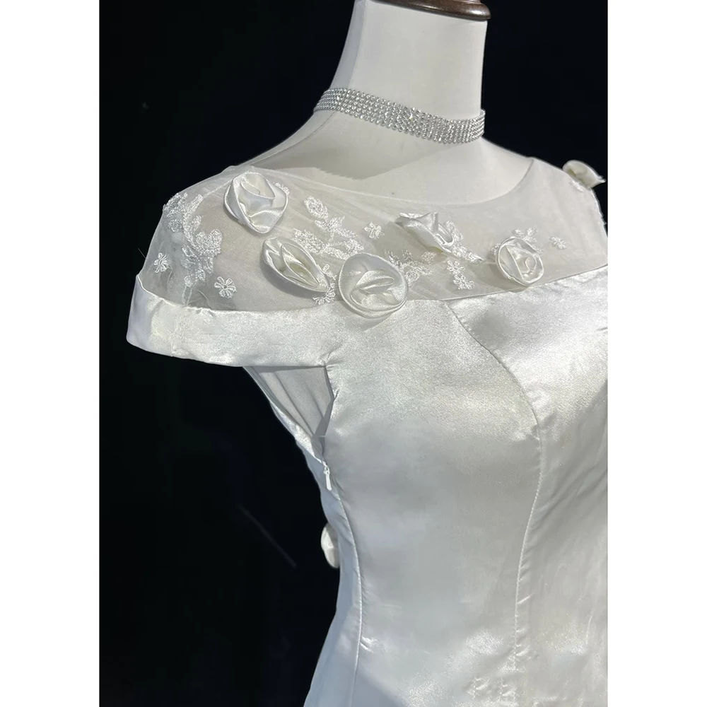 Robe de soirée de forme sirène, élégante, Vintage, fleurs 3D, blanche, manches courtes, dos nu, coupe cintrée, pour Banquet de mariage, Cocktail