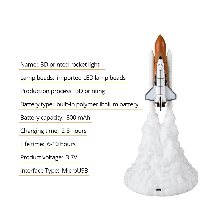 3D Print LED Night Light Space Shuttle Rocket Night Lamp USB Rechargeable Mood Lamp Room Decor Christmas Birthday Children Gift