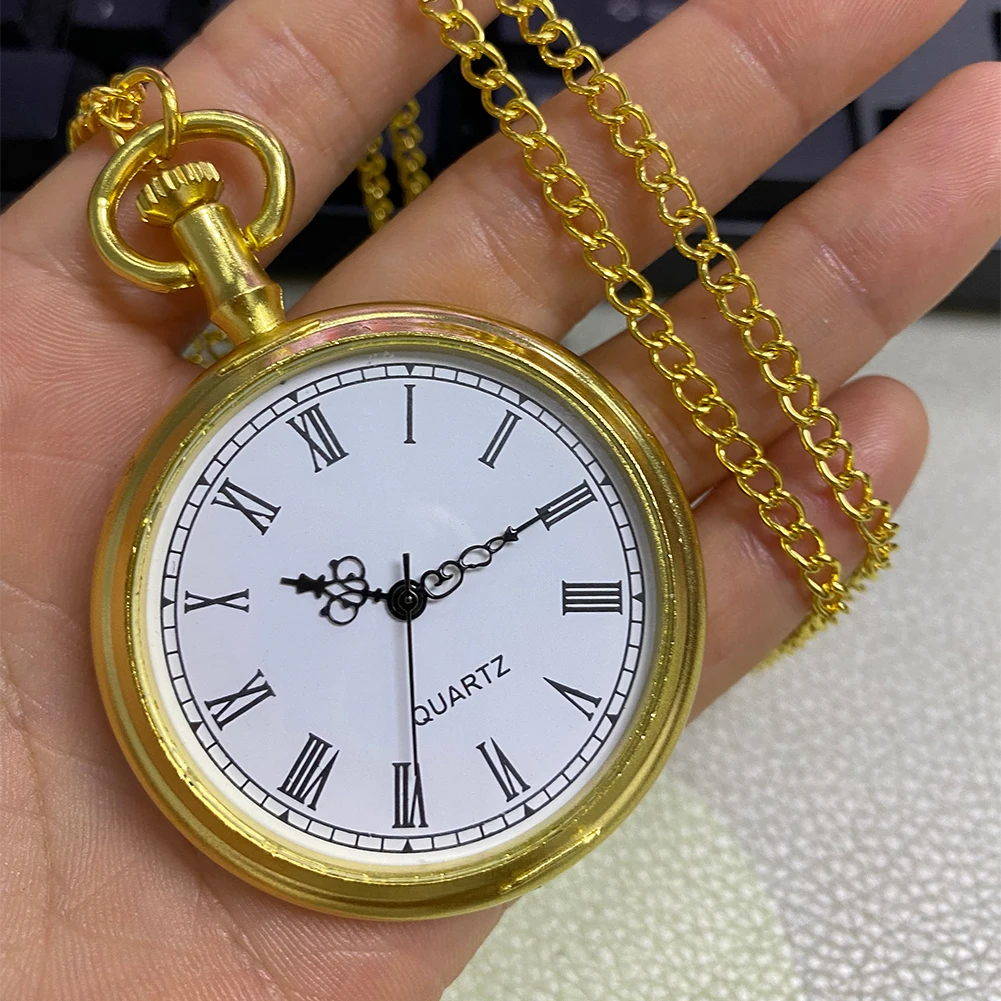 Luxury Gold Open Face Pocket Watch Roman Numbers Quartz Analog Display Pendant Clock with Necklace Chain reloj fob Clocks