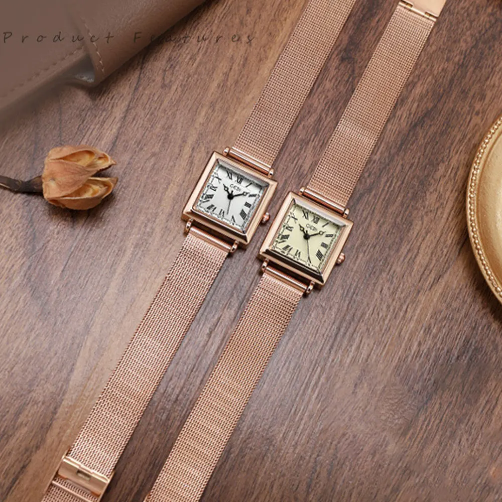 GEDI Women's Roman Vintage Small Square Dial Waterproof Quartz Watch - Luxury Mesh Strap Wristwatch for Ladies