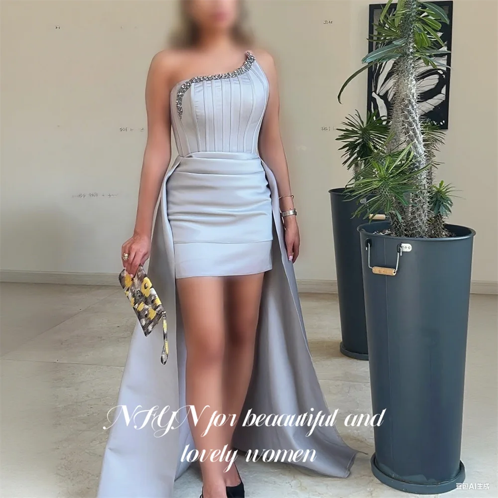

NFYN Light Gray Evening Dress Strapless Formal Gown High Low Night Dresses with Crystal Embellishments robe de bal Customized