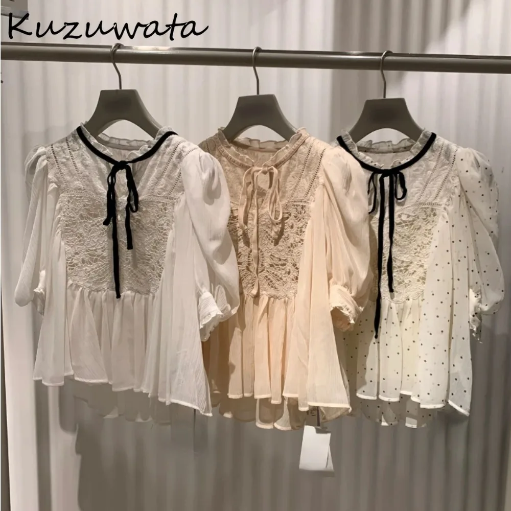 Kuzuwata Sweet Stand Collar Puff Sleeve Chiffon Shirt Lace Bow Bady Lace Up Hollow Out Blouses Japan New Pleated Ruched Blusas