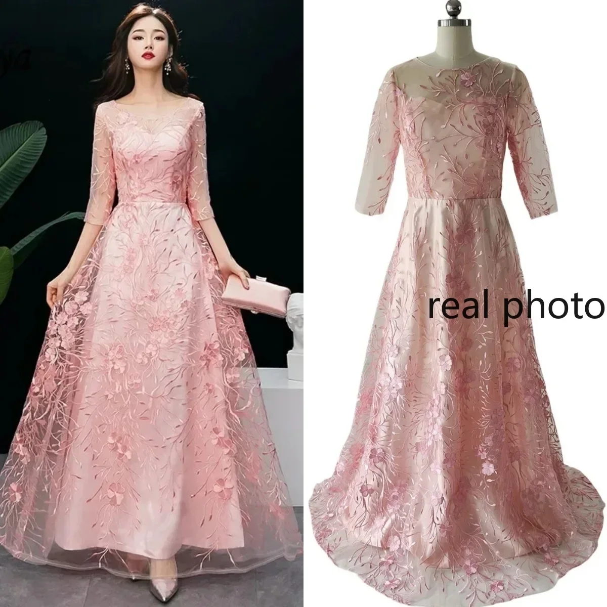 

Evening Dresses Pink Embroidery O-neck 3/4 SleeveS Zipper Back Floor Length A-line Plus Size Women Formal Gowns robe de soiree