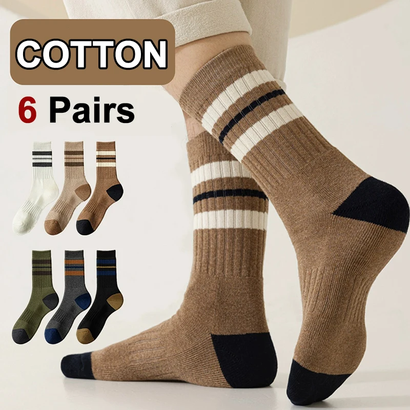 6 Pairs Men Autumn Winter Cotton Mid Tube Socks Fashionable Sports Striped Anti Odor Sweat Absorbing Comfortable Casual Socks